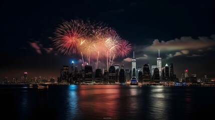 New York City's Nighttime Extravaganza: Dazzling Fireworks Illuminate the Iconic Skyline, Their Vibrant Reflections Dancing Across the Water.