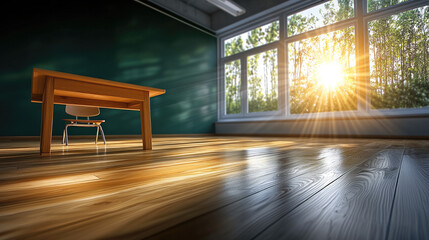 Empty modern classroom with wooden floor, sunlight streaming through large windows, peaceful and serene atmosphere