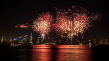 Vibrant Night Fireworks Illuminate a Stunning City Skyline, Their Golden and Red Reflections Dancing Across the Water, Creating a Grand Celebration Over the Urban Landscape.