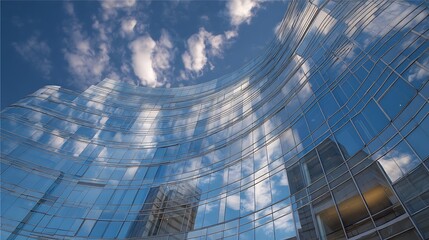View of clouds reflected in the curve glass office building, creating an architectural masterpiece with dynamic visual appeal