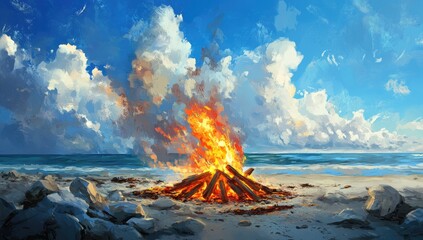Beach bonfire under a vibrant sky