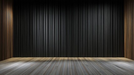 An empty wooden stage with closed dark curtains and dramatic lighting, ready for a performance or event, Minimalist home decor with slat.