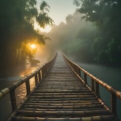 A photorealistic image of an old handmade bamboo bridge stretching over a misty river in the early morning. Golden sunlight peeks through the fog, casting soft highlights on the bamboo textures. 