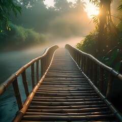 A photorealistic image of an old handmade bamboo bridge stretching over a misty river in the early morning. Golden sunlight peeks through the fog, casting soft highlights on the bamboo textures. 