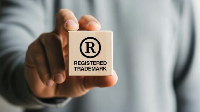 Hand holding a wooden block with registered trademark symbol and text in a close up view