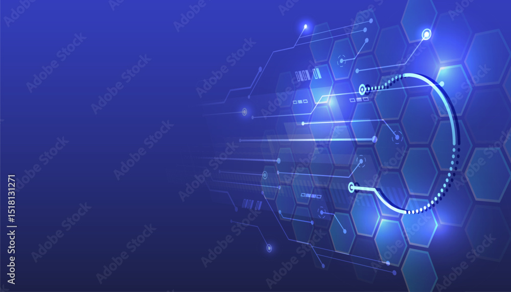 Leinwandbilder Futuristic technology background featuring a hexagonal grid with glowing lines and circuit elements on a blue gradient backdrop. Cybersecurity, artificial intelligence, and digital communication.