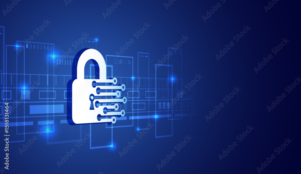 Poster white padlock with digital chains on blue background symbolizing data protection, encryption and cyb