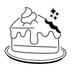 Delicious sweet cake icon in doodle style isolated on white background.