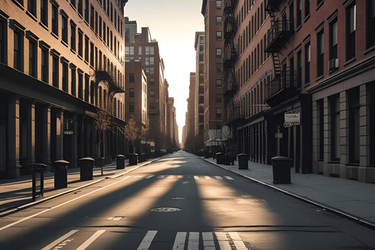 Empty New York City Street with Long Shadows at Sunrise