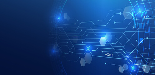 Abstract futuristic technology background with hexagonal shapes, glowing circuit lines, and digital elements on a blue gradient. Ideal for high-tech, sci-fi, and data network themed projects.