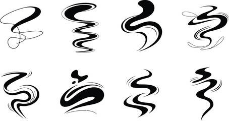 smoke lines icons set, heat waves or aroma from cooking food and hot coffee, Curved Swirl Ink Flow Vector Set