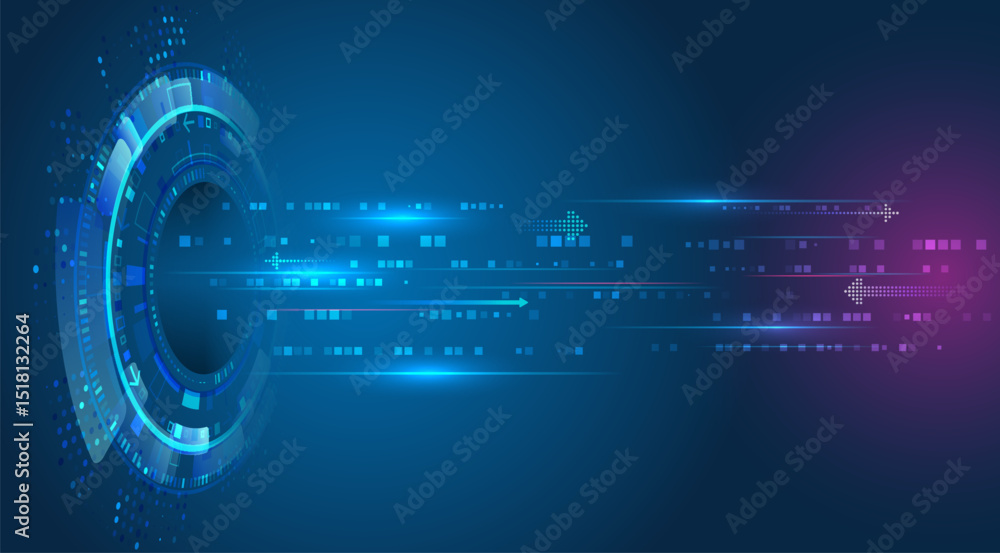 Fototapete Futuristic background with glowing circle elements, binary code and moving arrows. Ideal for topics related to cybersecurity, innovation, data processing and high-tech solutions.