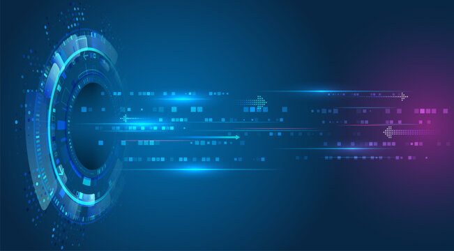 Futuristic background with glowing circle elements, binary code and moving arrows. Ideal for topics related to cybersecurity, innovation, data processing and high-tech solutions.