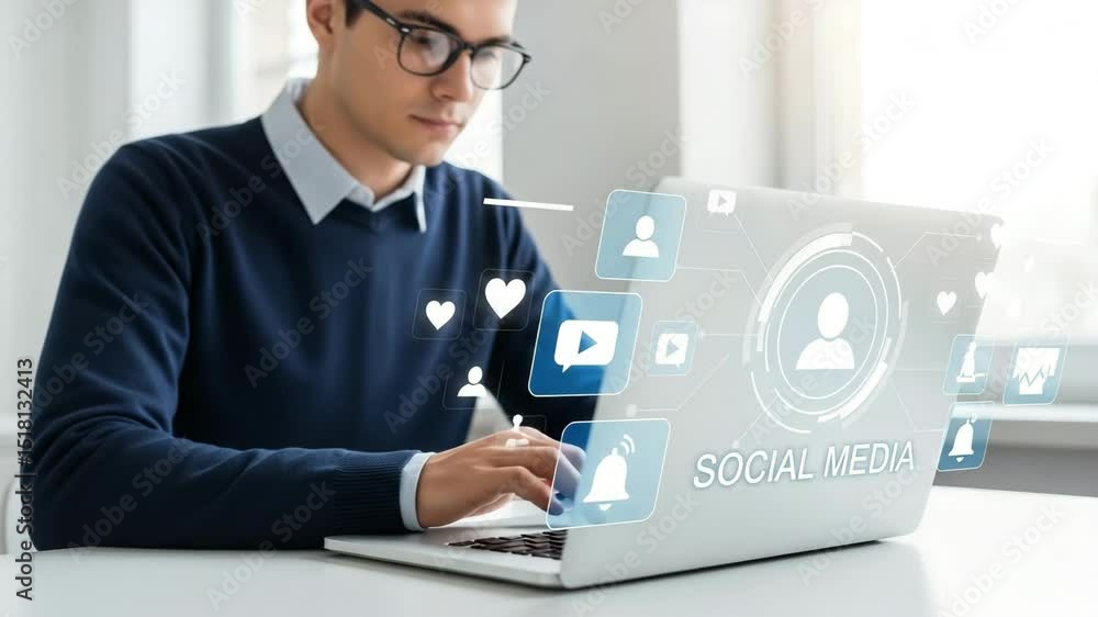 Poster Man using laptop with social media icons overlayed for networking and digital communication online