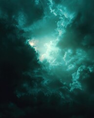 Fototapeta premium Ethereal teal clouds create a dramatic and captivating skyscape, where light battles the dark, casting an aura of mystery and wonder.