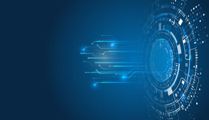 A futuristic circle with glowing elements, binary code and data flows. Ideal for themes of cyber technology, AI, innovation and digital transformation in sci-fi or IT projects.