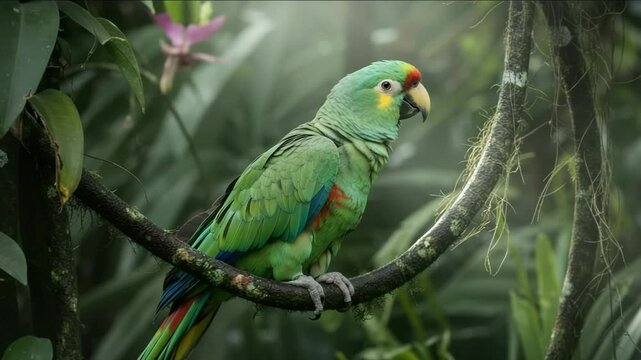 Green parrot perches on a branch in lush rainforest. Exotic bird in natural habitat.
