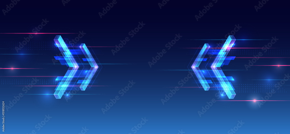 Poster abstract futuristic background with glowing 3d arrows and motion blur effects on dark blue gradient.