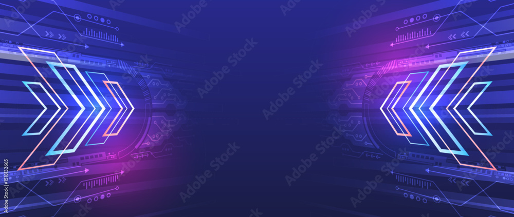 Poster futuristic tech background with glowing arrows, digital schemes and neon gradient colors. perfect fo