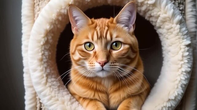 An orange tabby cat with yellow eyes, sitting inside a cat tree with a circular opening