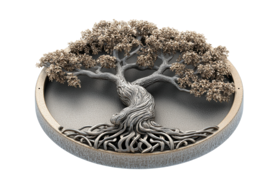 PNG Intricate silver tree sculpture with twisted roots and detailed canopy