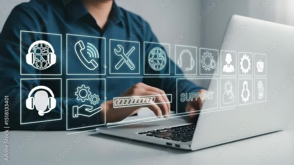 Fototapete person typing on laptop with support icons and loading bar overlayed on the screen display