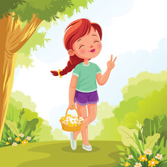 Smiling Girl Picking Spring Flowers