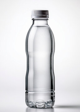 Garrafa d'agua de pl&aacute;stico transparente  com tampa, cheia de &aacute;gua, em superf&iacute;cie branca isolada em fundo branco. 