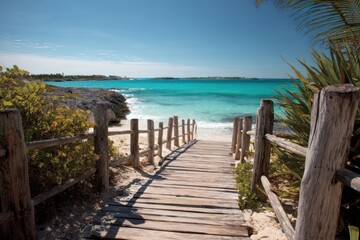 Obraz premium Wooden walkway leading to a turquoise ocean beach, evoking a serene, tropical atmosphere