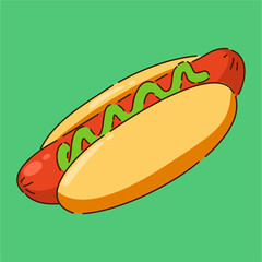 A vibrant, colorful, and playful illustration of a classic hot dog set against a bright green background