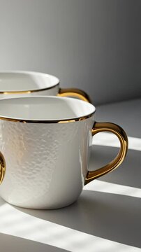 Elegant white porcelain teacups with gold handles.  Luxury teacups perfect for afternoon tea ceremony.  Stylish teacups design for high-end cafe or restaurant.  Teacups create sophisticated atmosphere