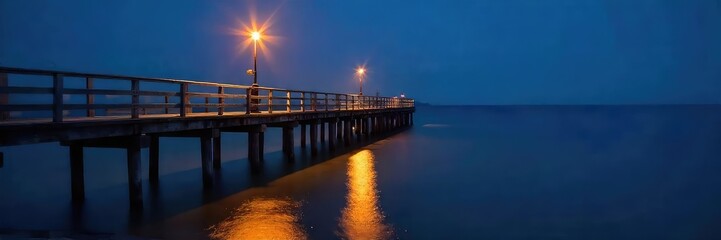Fototapeta premium A charming pier light illuminates the night, casting a warm glow on the wooden pilings and the calm water Perfect for nautical, coastal, or seaside themes , jetty, lamp, beach