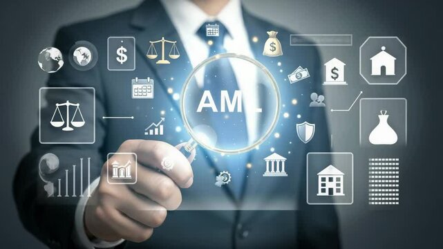 Man in suit holding magnifying glass over aml with icons around it on a gray background image