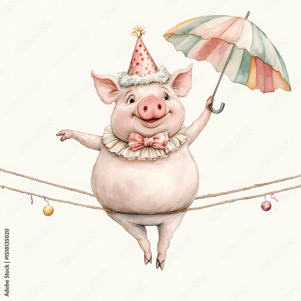 Poster circus pig balancing on a tightrope with an umbrella at a carnival event generative ai