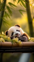 Obraz premium Cute panda cub sleeping peacefully among flowers in a serene bamboo forest during golden hours