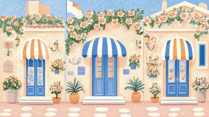 Italian summer: facade of buildings with floral decoration for a travel advertising poster