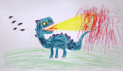 Colorful dinosaur drawing with fire breathing and birds flying in a vibrant landscape