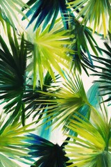 Bright green palm leaves create a vibrant tropical backdrop in a natural setting with striking contrasts and textures