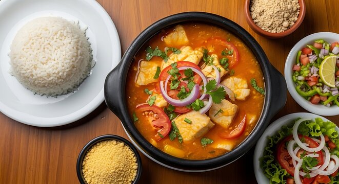 Brazilian moqueca (fish stew) served in a clay pot with coriander and rice