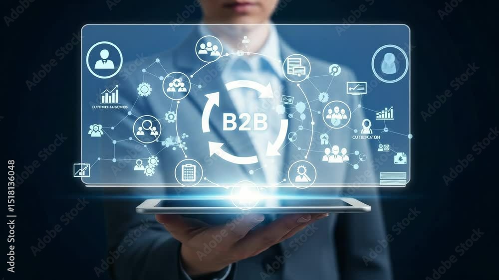 Poster person holding tablet with b2b graphic and business icons floating above the device in dark scene
