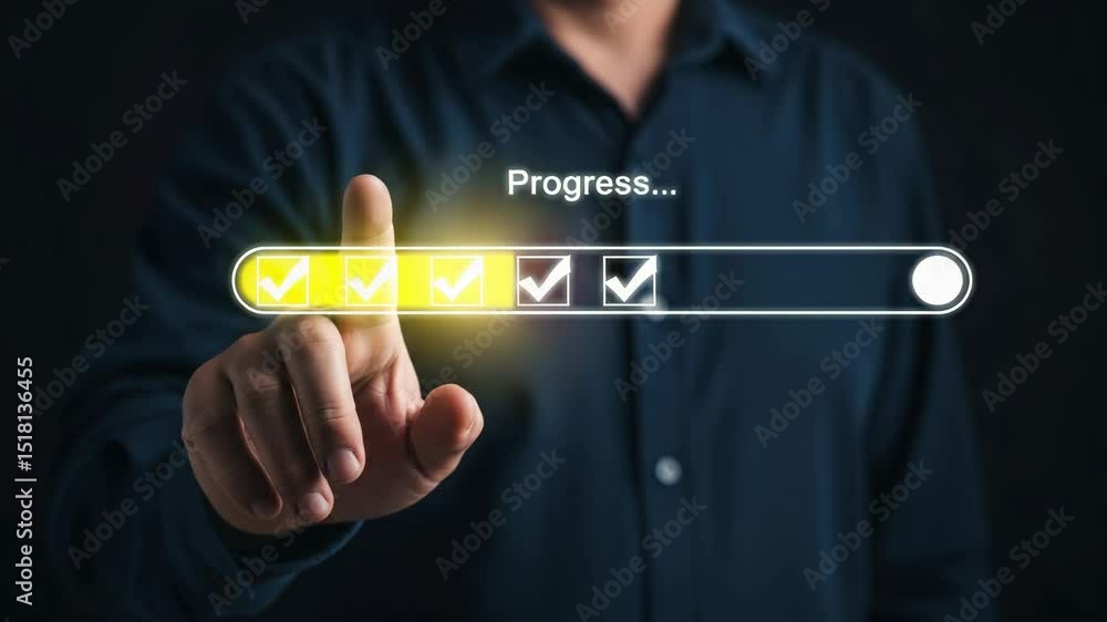 Poster Man in blue shirt touching progress bar with checkmarks on a dark background in close up shot