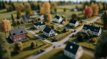 Miniature idyllic neighborhood with tilt-shift effect, showcasing suburban tranquility and community living in a serene setting