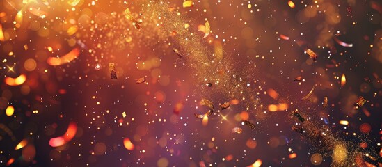 Magical golden glitter particles and bokeh lights on warm gradient background with sparkles, place for text. New Year, Christmas, birthday, holiday celebration banner