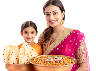 Indian mother daughter presenting delicious chana masala and naan bread isolated on transparent PNG