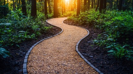 Naklejka premium Peaceful winding gravel pathway through lush green forest du sunset with warm golden sunlight filte through tall trees and vibrant foliage