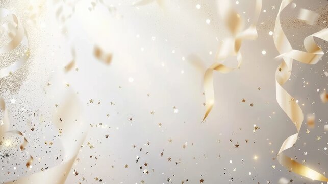 Golden confetti and ribbons falling on light beige background with sparkling particles and free place for text. New Year, Christmas, birthday, holiday celebration banner - Powered by Adobe