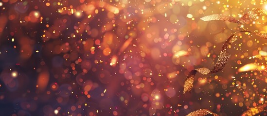 Magical golden glitter particles and bokeh lights on warm gradient background with sparkles, place for text. New Year, Christmas, birthday, holiday celebration banner