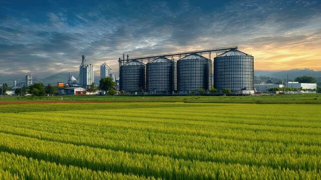 Lush green rice fields with towering silos and a city skyline under a dramatic sunset backdrop