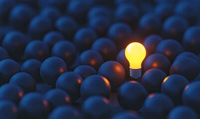 Unique glowing light bulb amongst many dark ones