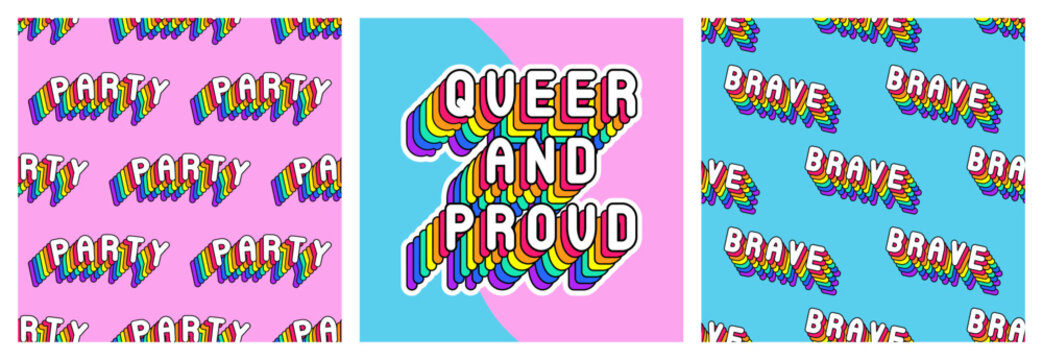 Set of LGBT pride month poster and 2 seamless patterns with rainbow-colored word patches &ldquo;Party&ldquo; and "Brave". Vector illustrations.	 